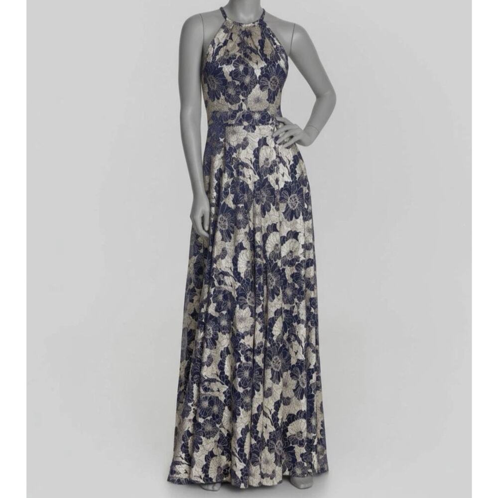 Betsy & Adam Womens Blue Floral Halter Metallic Sleeveless Gown Dress Size‎ 12